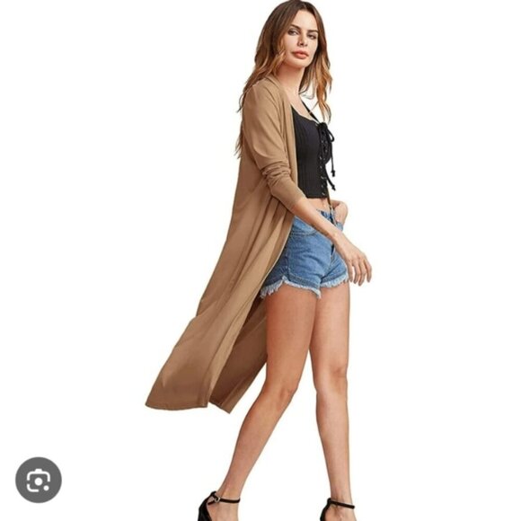 Tahari Coastal Lounge Neutral Long Line Open Front Camel Cardigan L - Picture 1 of 9